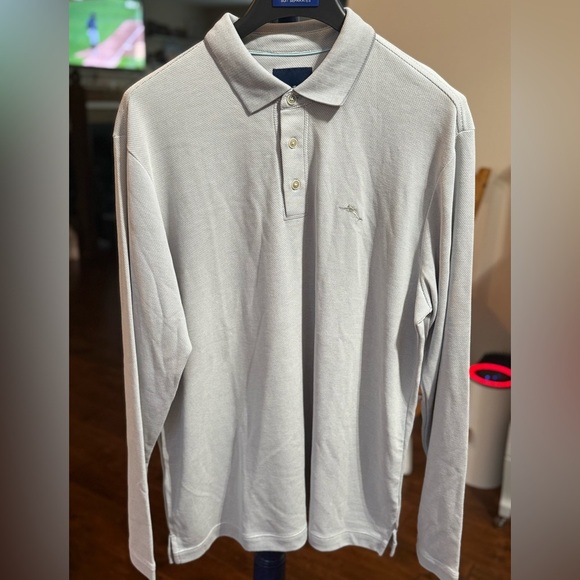 Tommy Bahama Light Gray Long Sleeve Polo, Sz Large - Picture 1 of 6